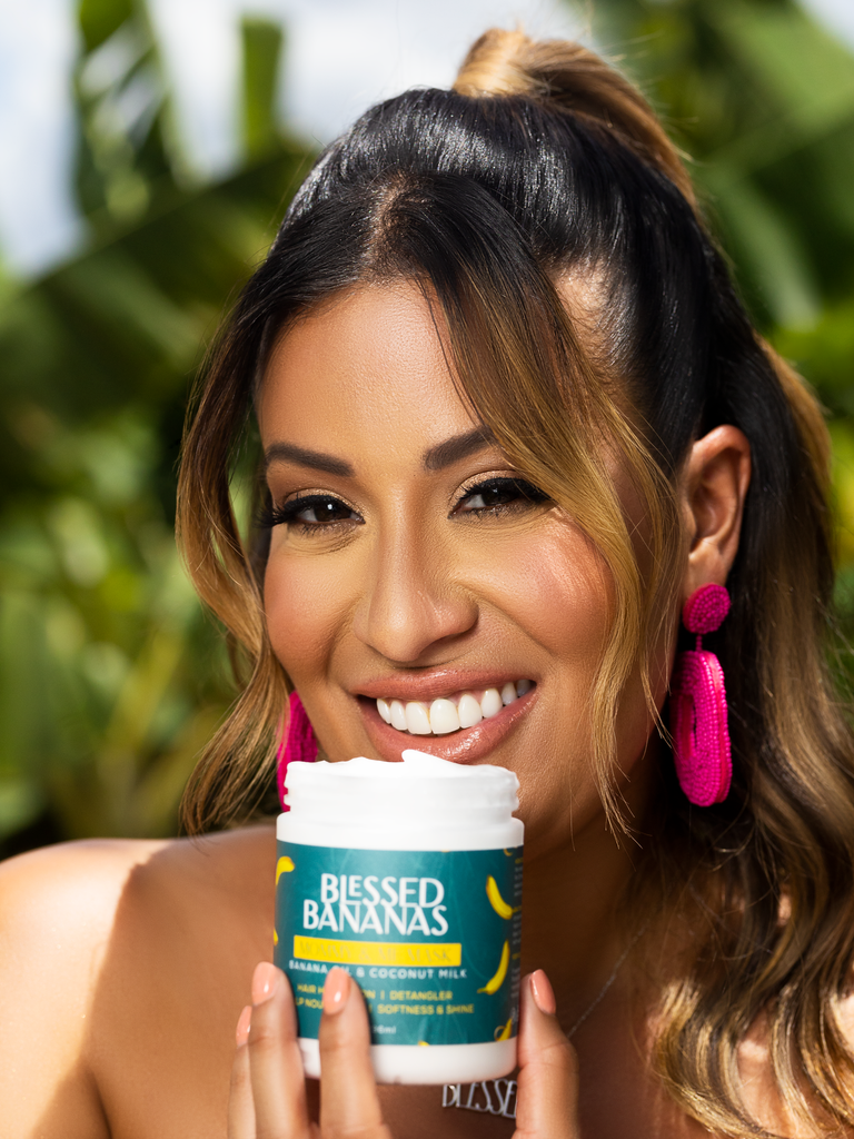 Blessed Bananas CEO, Nadine Ramos Holding Our Healthy Hair Hydrating Mommy & Me Hair Care Mask